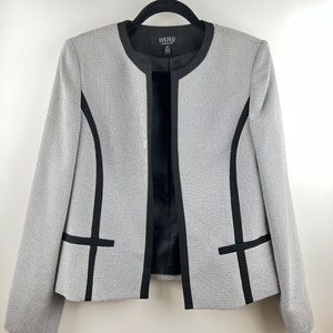 Kasper Women's Blazer Black White Size 8 Pocket Detail Split Sleeve Scoop Collar